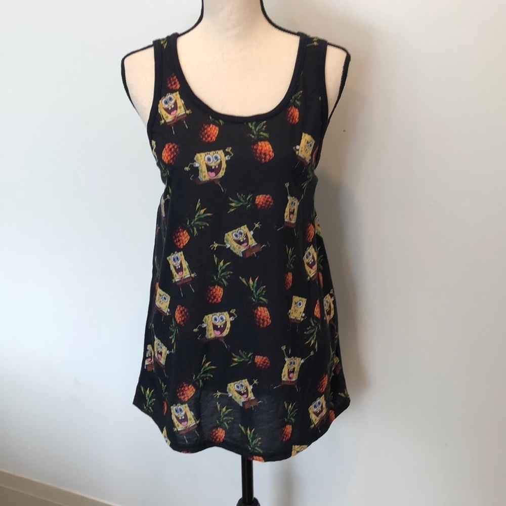 🎄Sponge bob square pants black patterned print pineapple shirt tank top SZ  L